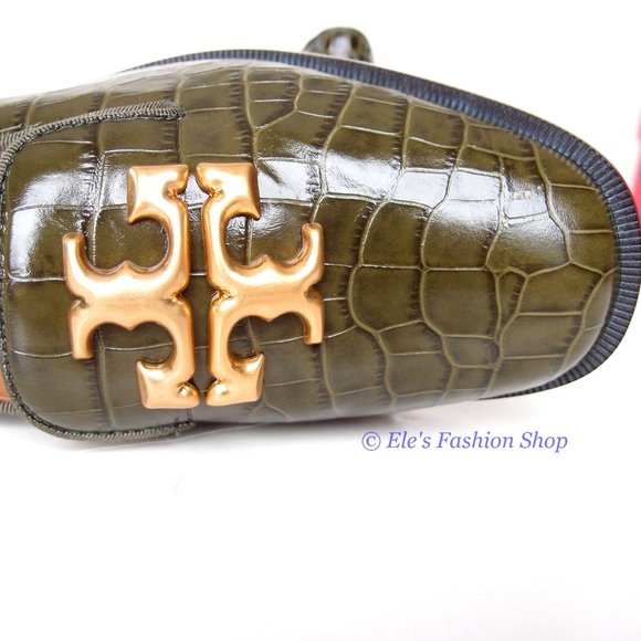 NIB Tory Burch Eleanor Heeled Loafer Croc Embossed Leather Leccio Green US7.5 - Picture 9 of 13